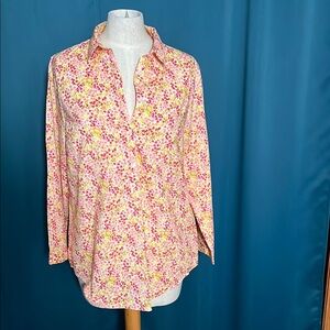 Lands' End Coral, Yellow and Pink Long Sleeve 3/4 Button Down Shirt